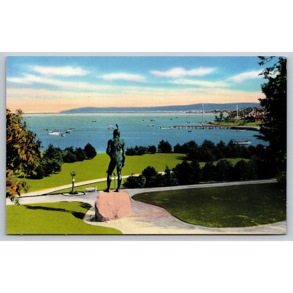 Postcard Massachusetts Plymouth Massasoit Statue Overlooking Harbor c1950s MA
